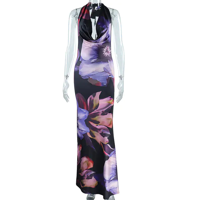 Sexy Purple Print Backless Long Dress for Women