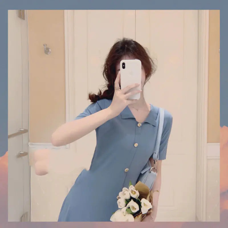 Vintage Plain Short Sleeve Knit Dress for Women
