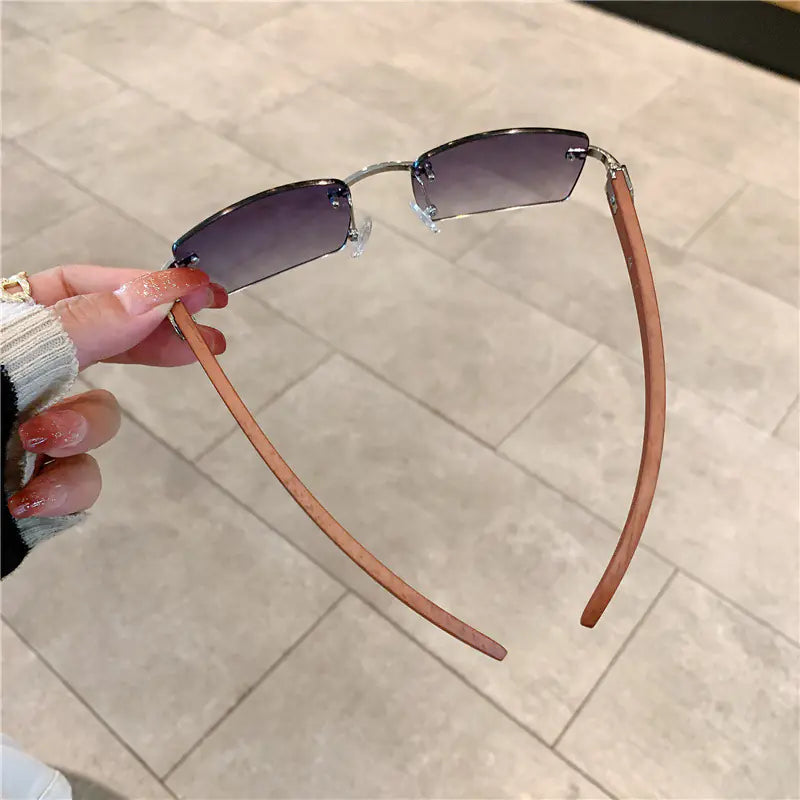 Frameless Wood Grain Retro Sunglasses UV400 for Travel
