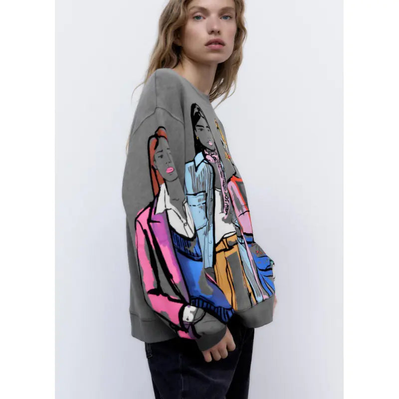 2023 Fashion Women's Loose Print Sweatshirt Crewneck