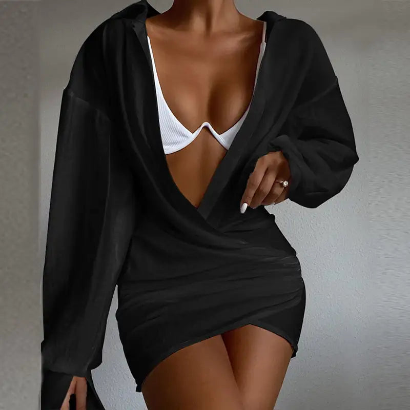 Deep V-neck Solid Color Long Sleeve Mini Dress