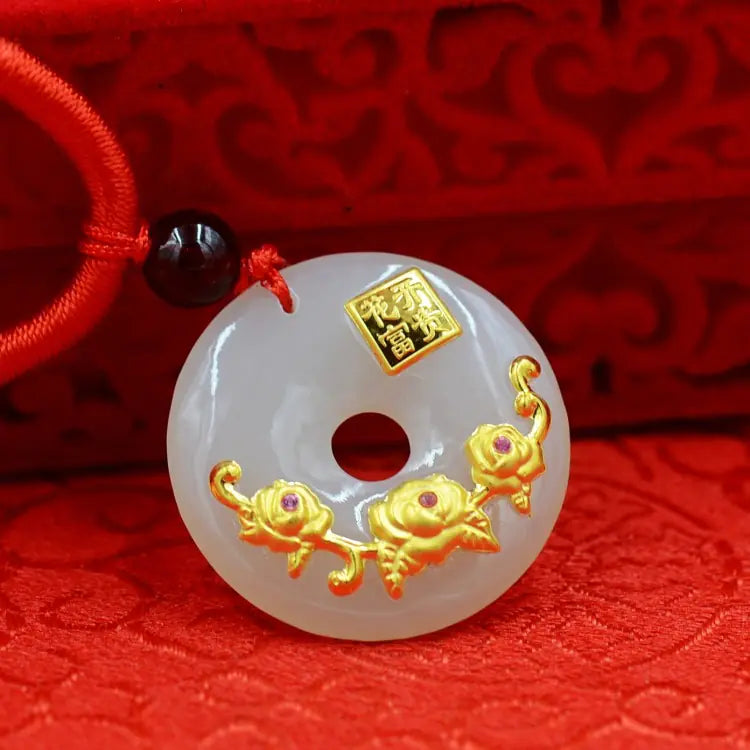 3D Gold Inlaid Hetian Jade Pendant Necklace