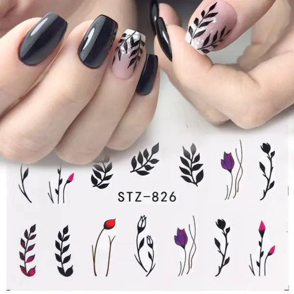 Nail Water Stickers - Green Leaf Rose Design