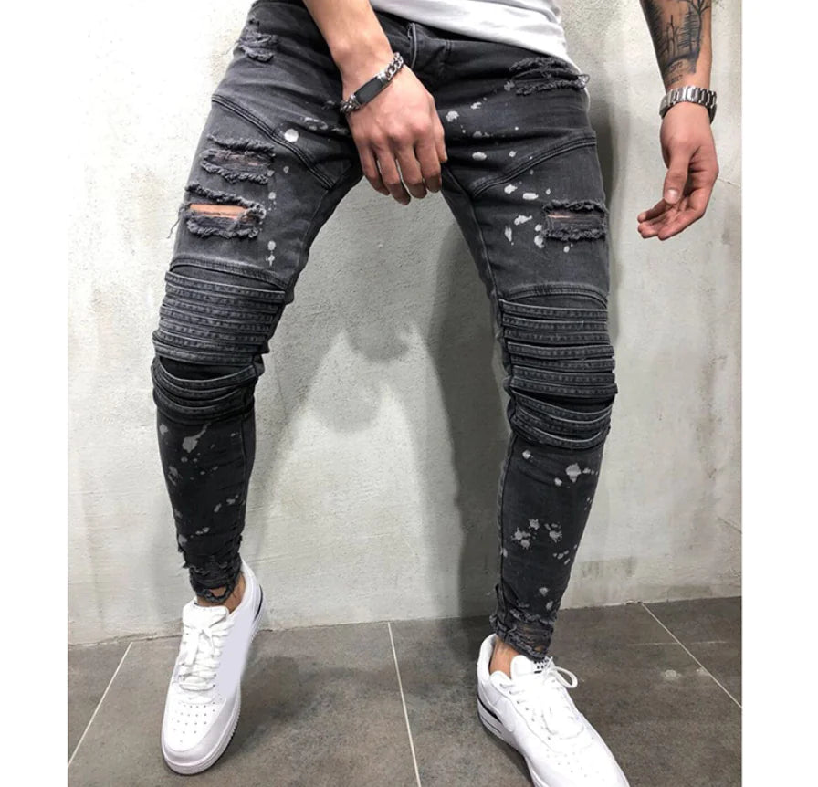 Men's Zippered Ripped Knee Slim Fit Motorcycle Jeans