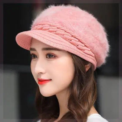 Winter Knitted Hooded Cap with Rabbit Fur for Women
