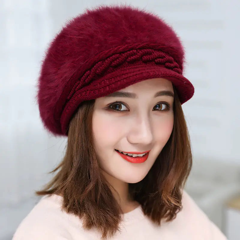 Winter Knitted Hooded Cap with Rabbit Fur for Women