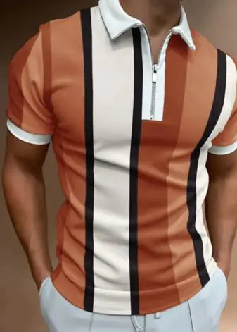 Men’s Striped Short-Sleeve Polo Shirt with Zipper Lapel – Slim Fit