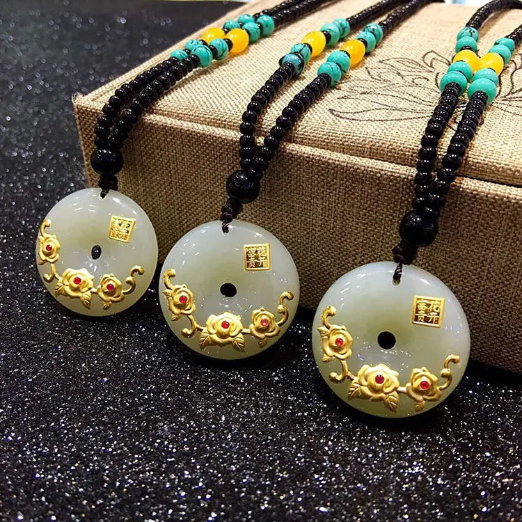 3D Gold Inlaid Hetian Jade Pendant Necklace
