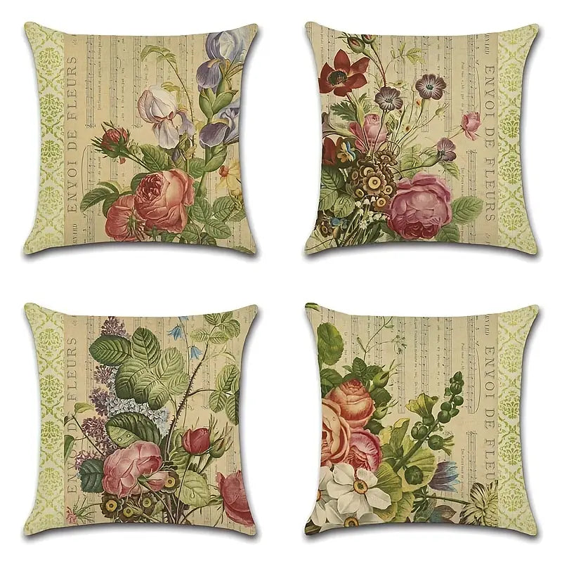 Set of 4 Vintage Floral Pillow Covers for Home Décor