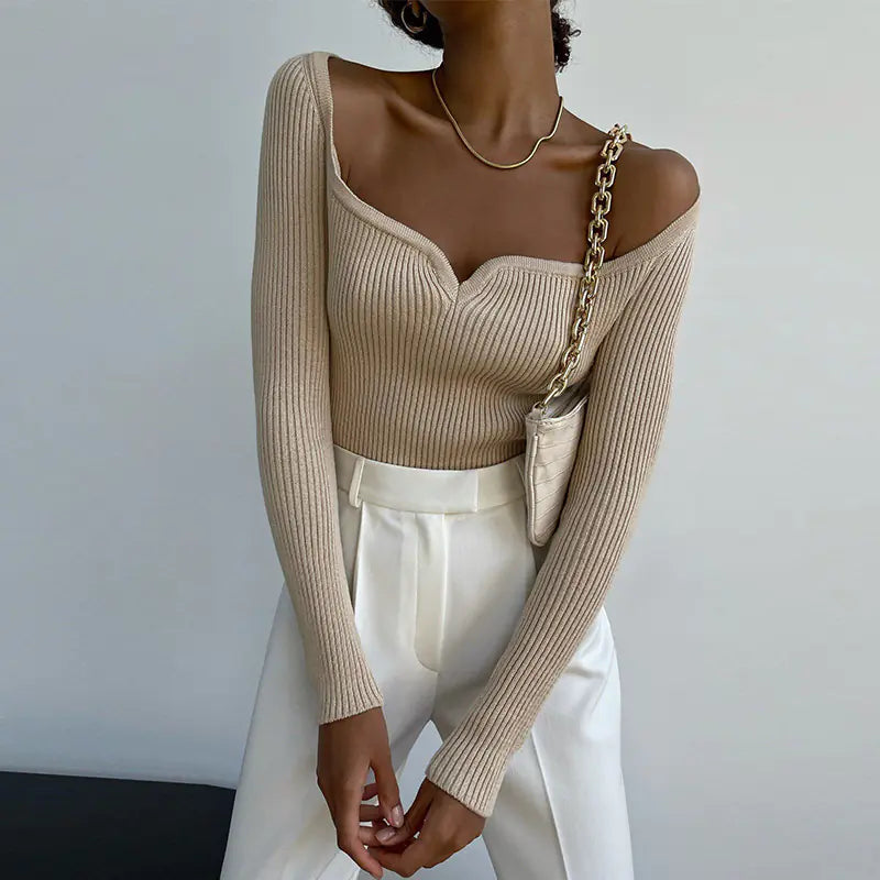 Women's Long-Sleeve Square Collar Knit Top for Fall/Winter