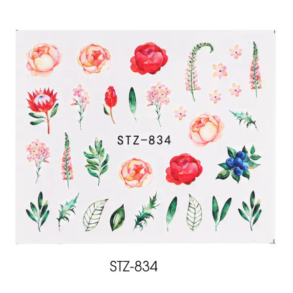 Nail Water Stickers - Green Leaf Rose Design
