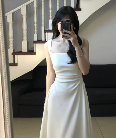 French Style Waist-Controlled White Strap Dress for Women