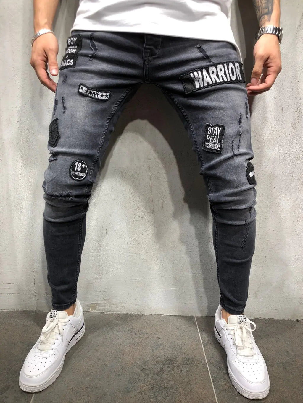 Men's Zippered Ripped Knee Slim Fit Motorcycle Jeans