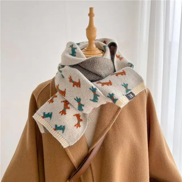 Wool Blend Animal Print Winter Scarf with Bow for Women