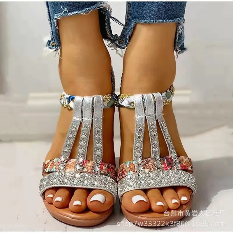 Women's Bohemian High-Heeled Sandals with Rhinestones
