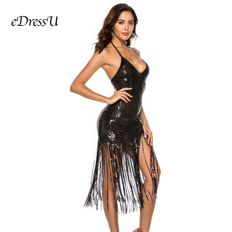 Gold Sequined Backless Fringed Tea Length Disco Dress