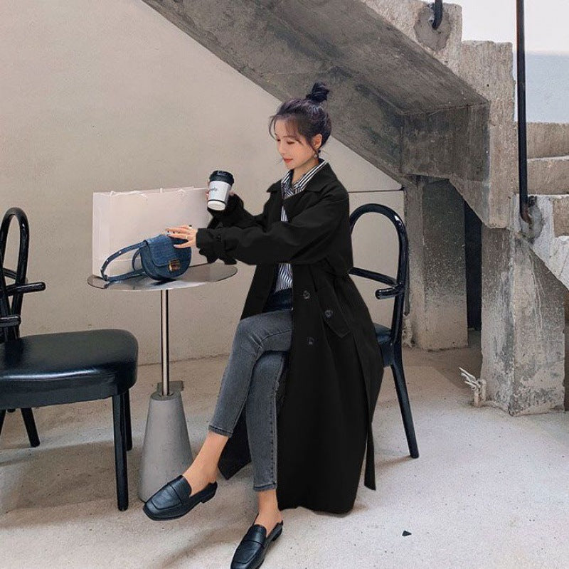 Double-Breasted Long Trench Coat with Waist Tie