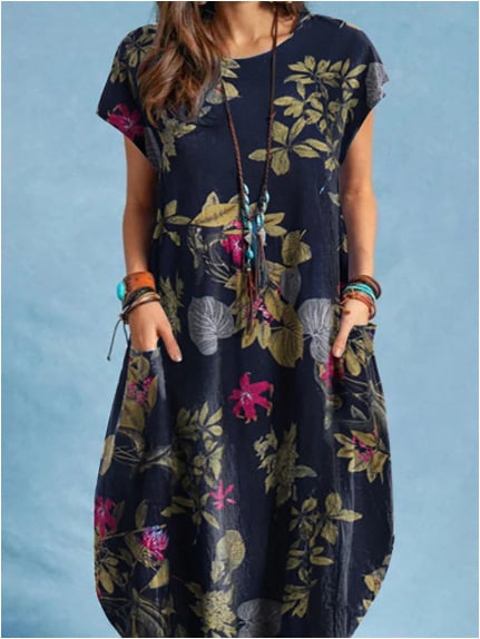 Women's Cotton Linen Plant Print Round Neck Casual Dress