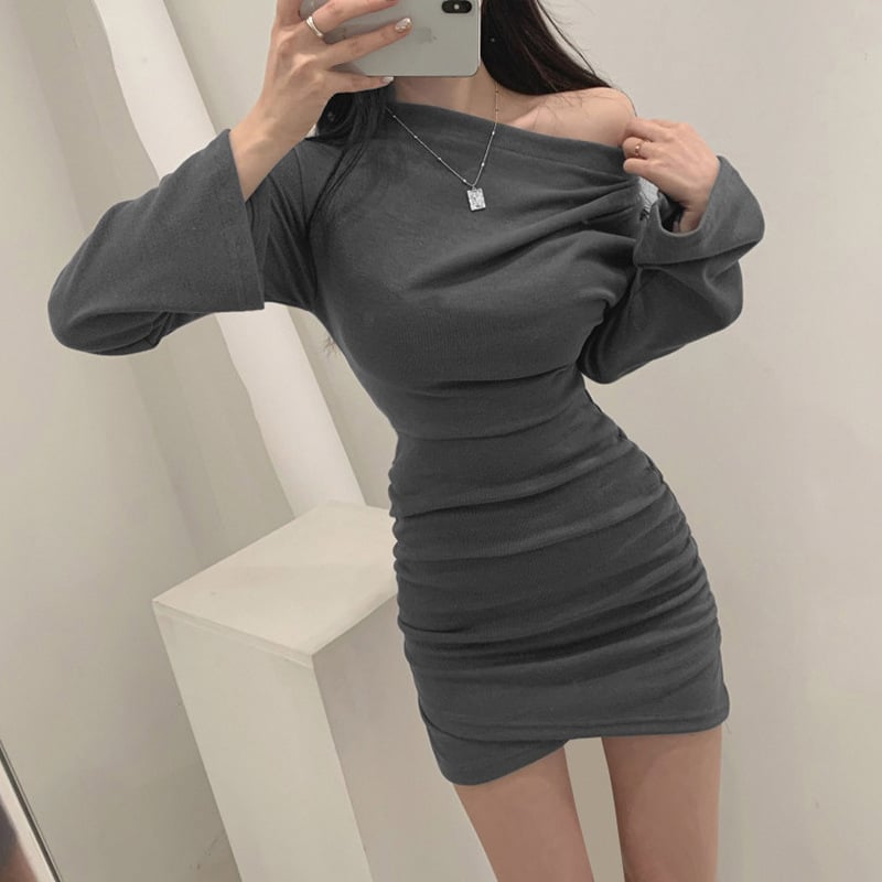 Slim Fit Pleated Long-Sleeved Dress with Slanted Shoulder