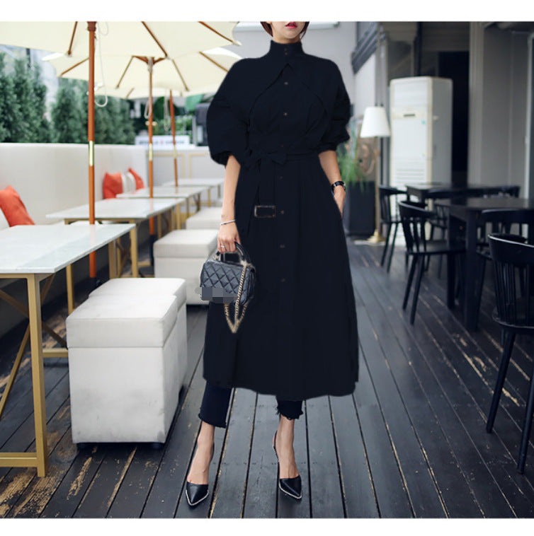 Fashionable Stand Collar Waist Dress Coat