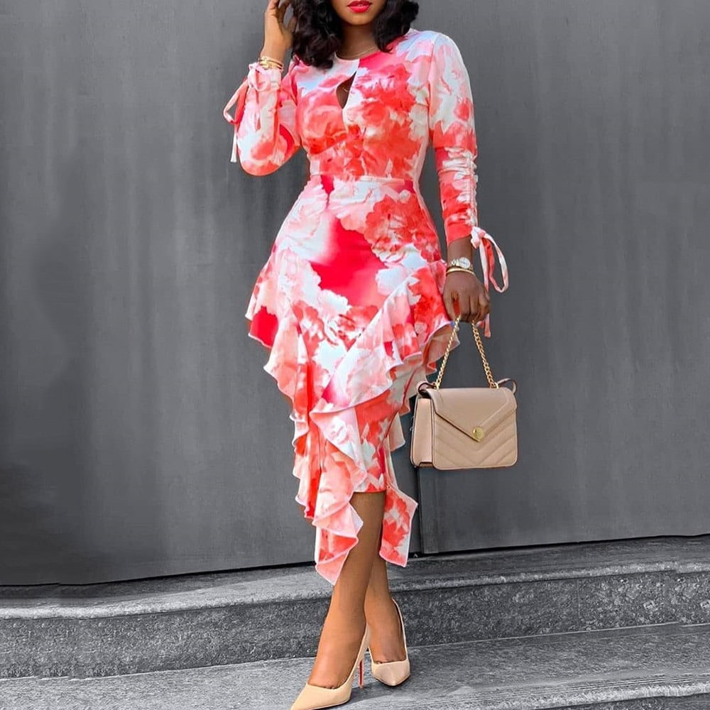 Fashionable Printed Ruffled Dress for Women
