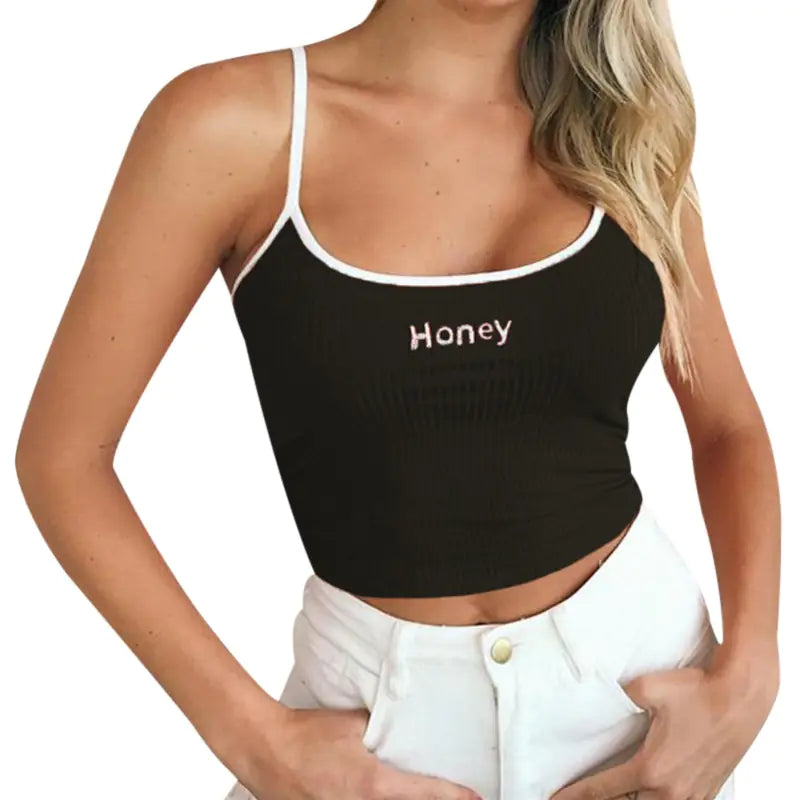Letter Embroidered Crop Top with Spaghetti Straps