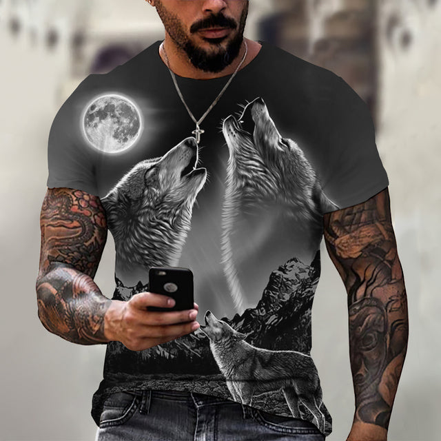 Men's Casual Short Sleeve T-Shirt with Wolf Pattern