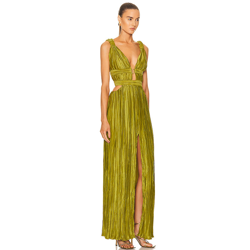 Sexy V-neck Strap Waist Slit Dress for Women