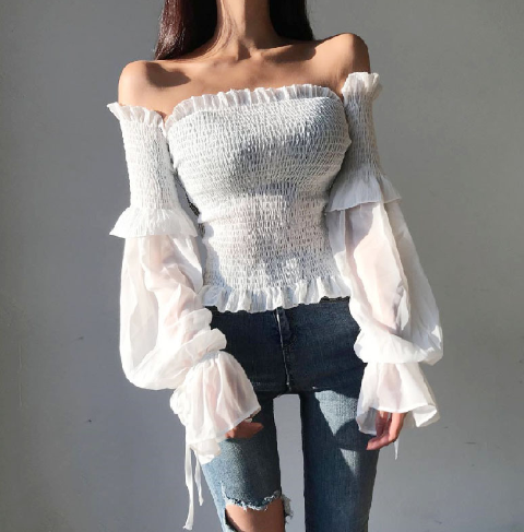 One-Shoulder Mesh Top with Beaded Bell Sleeves
