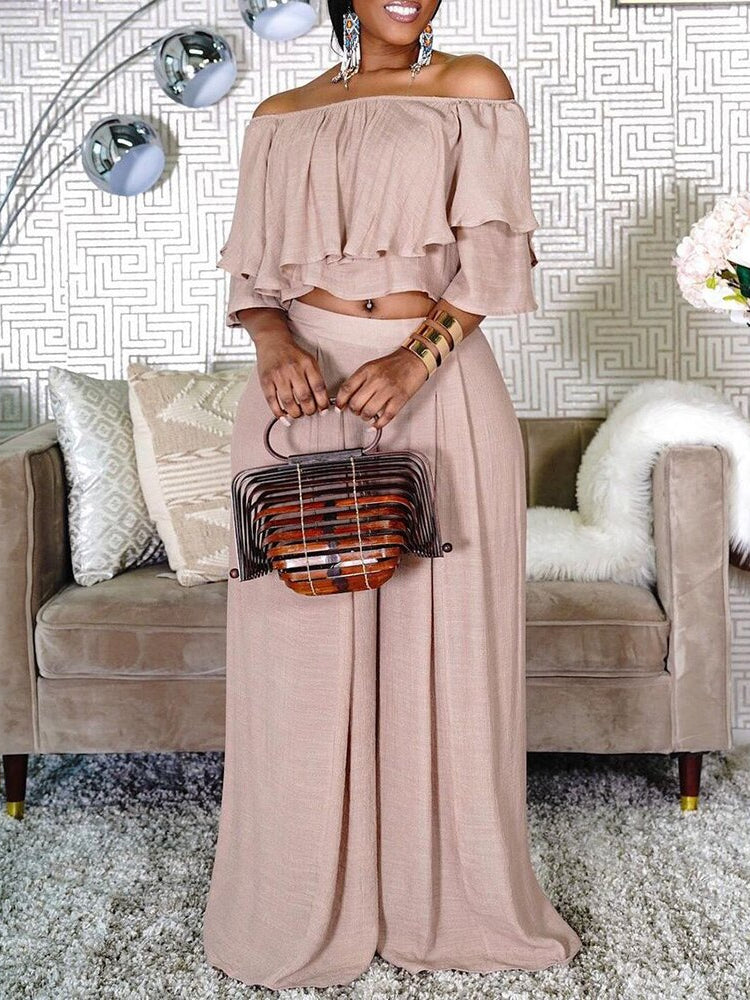 Plus Size 2 Piece Off Shoulder Crop Top & Wide Leg Pants