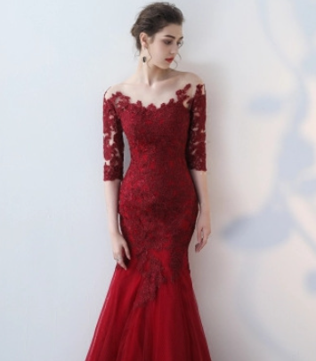 Elegant Long Fishtail Red Evening Dress for Brides