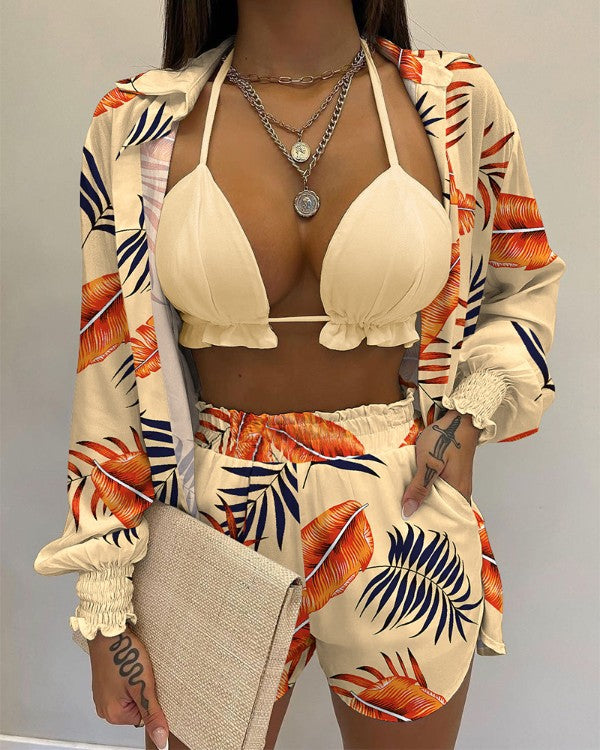 Tropical Print Lantern Sleeve Shirt and Shorts Set