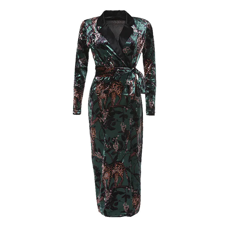 Velvet Dress with Suit Collar and Bodycon Design