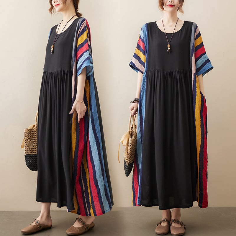 Contrast Striped Short Sleeve Cotton Linen Dress