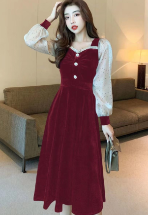Plus Size Women's Long Fashion Stitching Red Dress