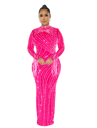 Women's Rhinestone Mesh Long Sleeve Dress Set