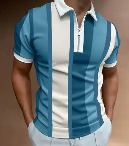 Men’s Striped Short-Sleeve Polo Shirt with Zipper Lapel – Slim Fit