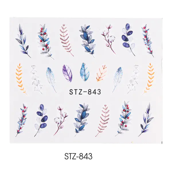 Nail Water Stickers - Green Leaf Rose Design