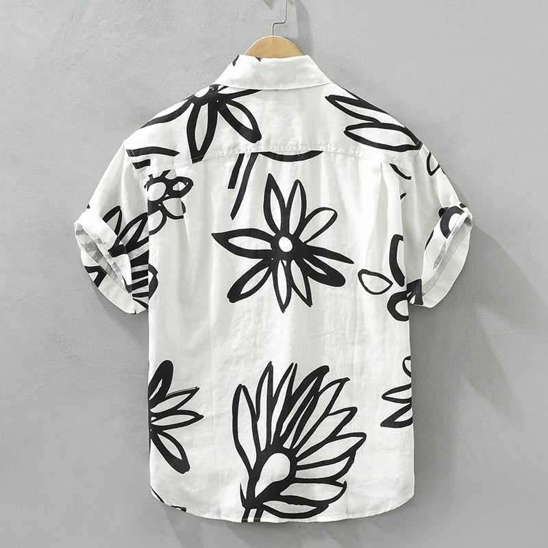 Men's Retro Floral Print Linen Short Sleeve Shirt