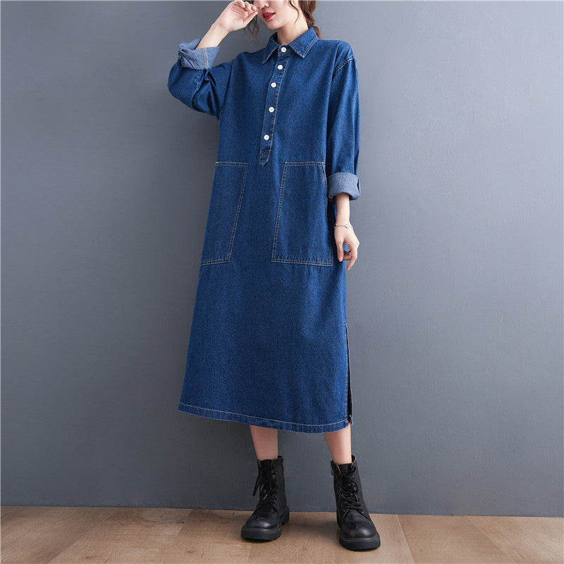 Large Denim Long Sleeve Pullover Dress for Girls