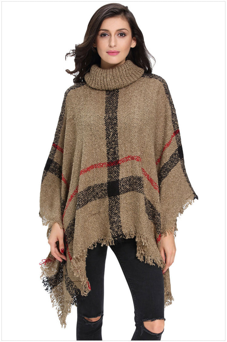 Knit Sweater with Turtleneck and Fringe Cape Design