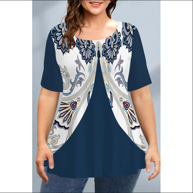 2023 Plus Size Loose Graphic Tee with Asymmetrical Hem