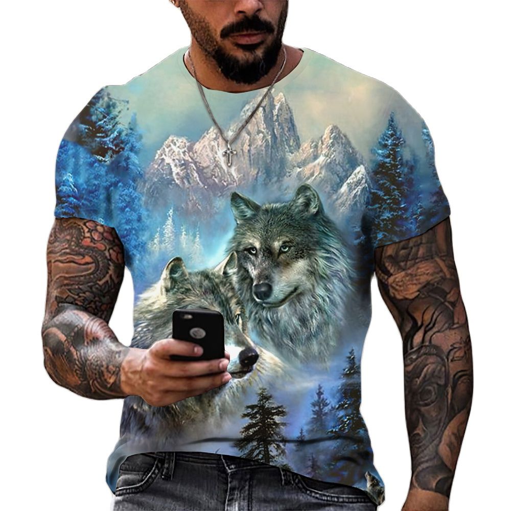 Men's Casual Short Sleeve T-Shirt with Wolf Pattern
