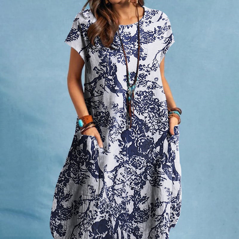 Women's Cotton Linen Plant Print Round Neck Casual Dress
