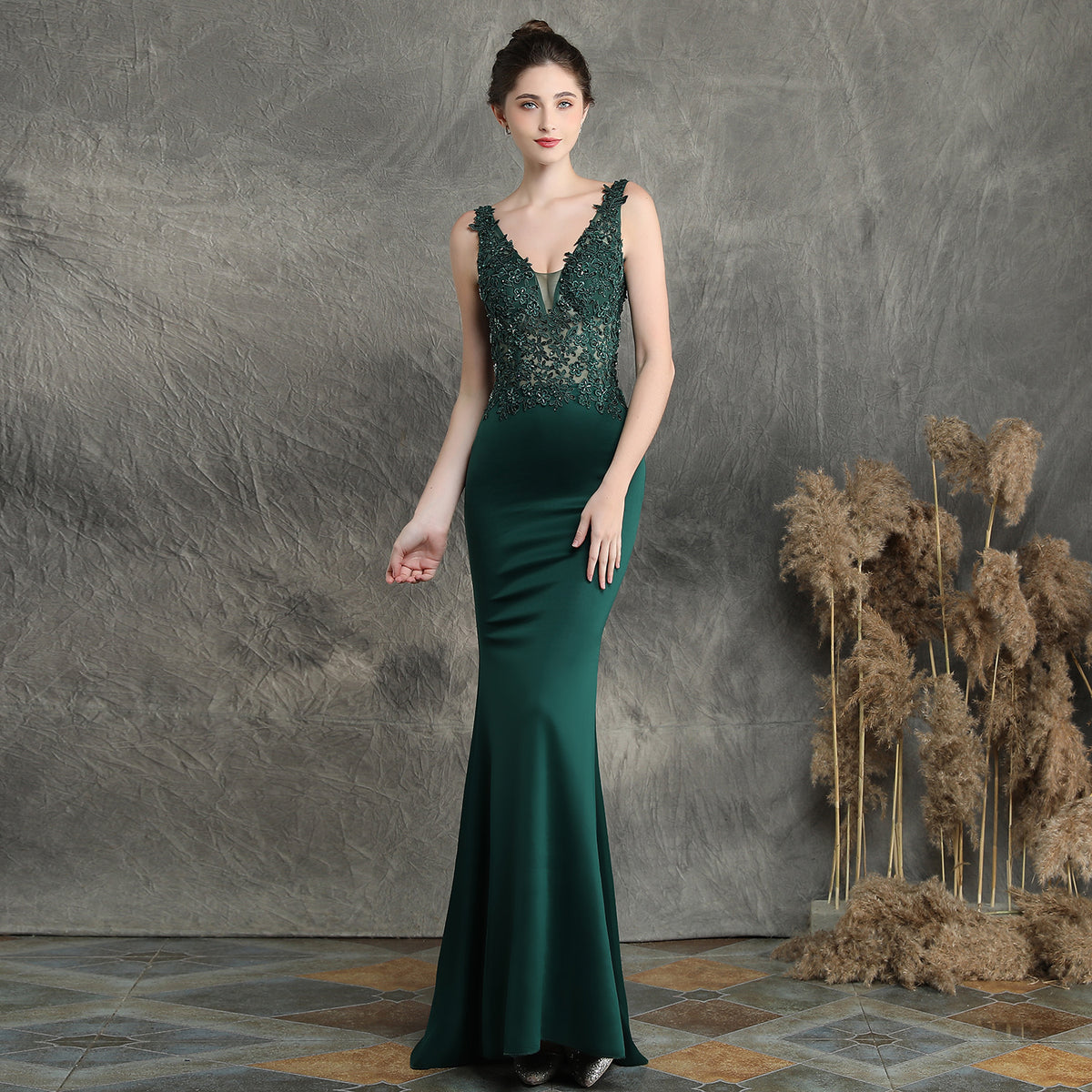 Beaded Appliqué Long Toast Dress for Bride