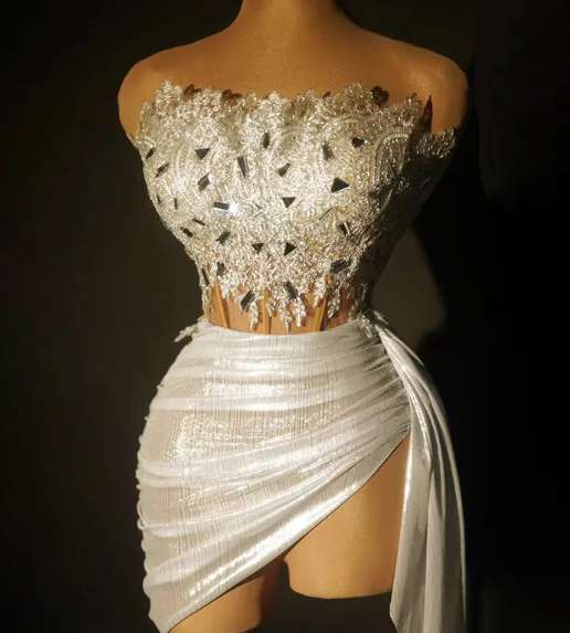 Women's Spandex Tube Top Rhinestone Chain Two-Piece Skirt Set