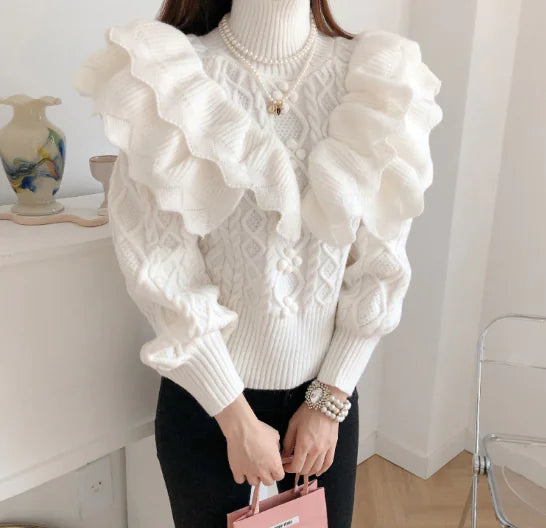 Women's Vintage Layered Ruffle Sweater with High Collar