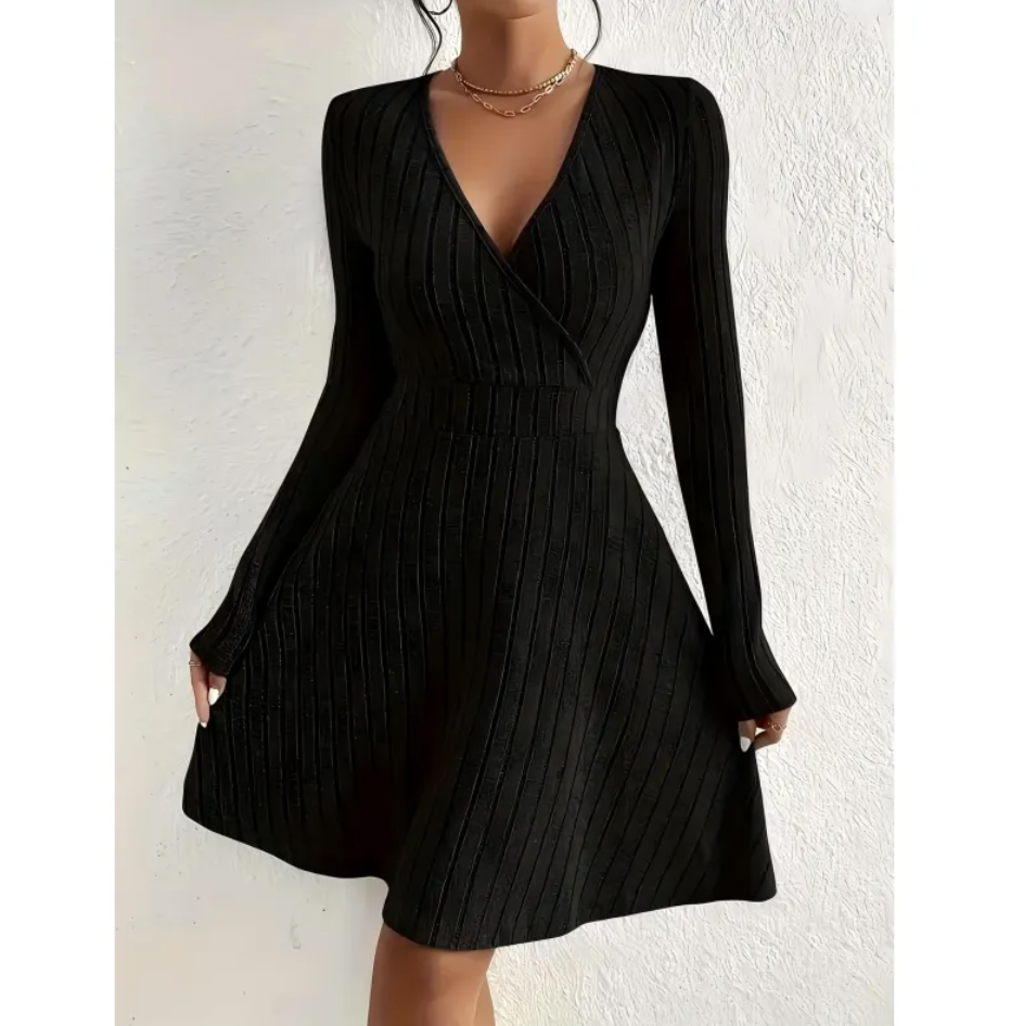 Women's V-Neck Long Sleeve Waist Dress