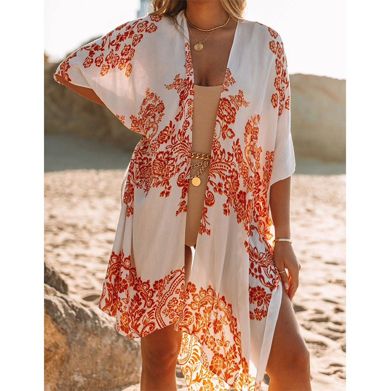Mid-Length Slit Chiffon Printed Sun Blouse