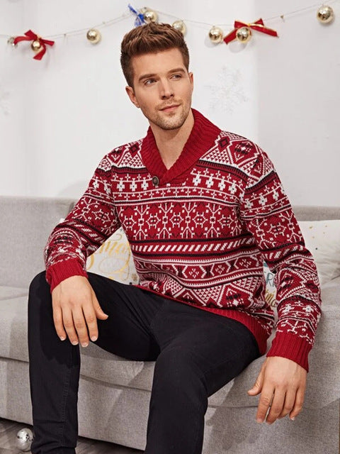 Men's Knit Christmas Elk Lapel Sweater Pullover 2021